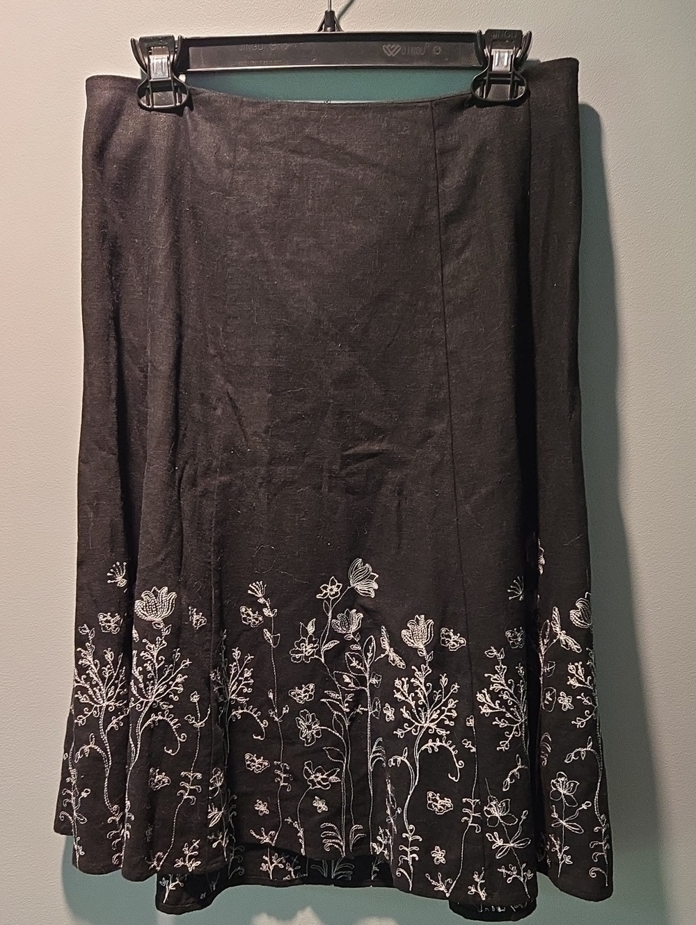 Christopher & Banks Black A-Line Skirt with White Floral Embroidery